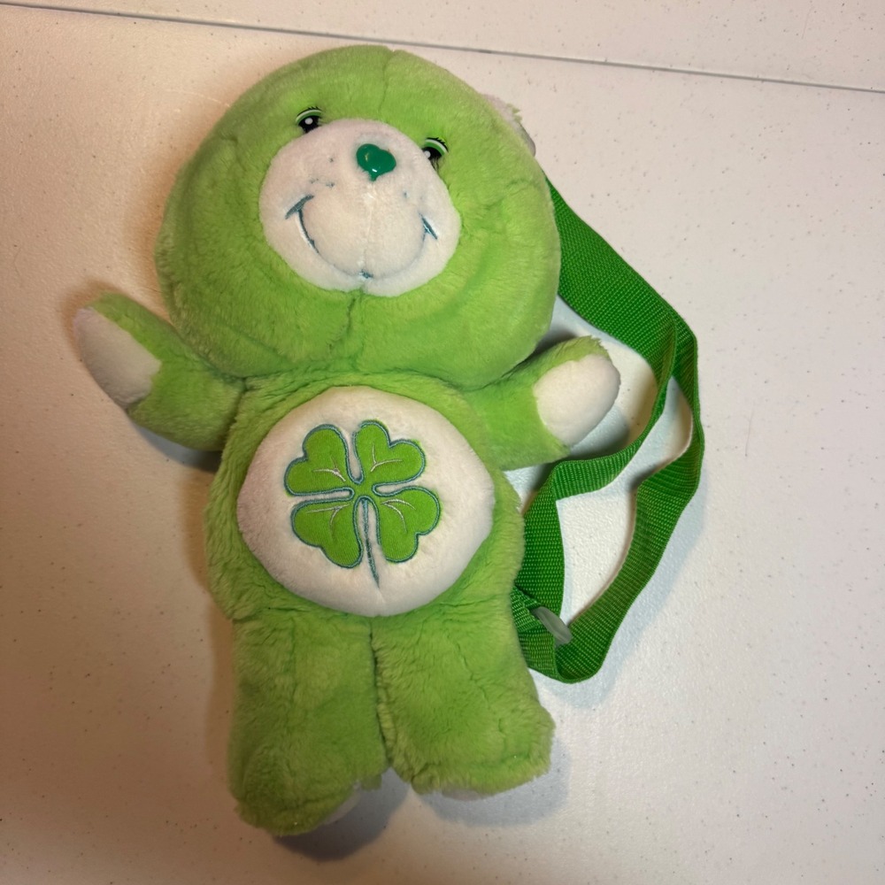 Y2K Care Bears Good Luck Bear Plush Backpack Green Four Leaf Clover 2003 Vintage